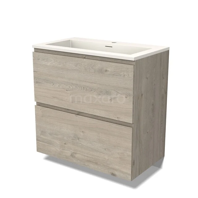 Modulo Vanity units with basin | 80 cm Light grey oak Handle-less front Solid surface 2 stacked drawers under each other BMW13-01632 Houten badkamermeubel met licht eiken afwerking, twee lades en een keramische wastafel. Modern design voor badkamers.