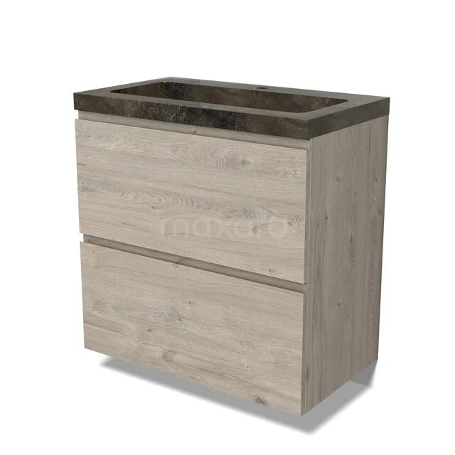 Holz Badezimmermöbel mit zwei Schubladen und einem dunklen Natursteine Waschbecken, modernes Design in heller Eicheoptik.