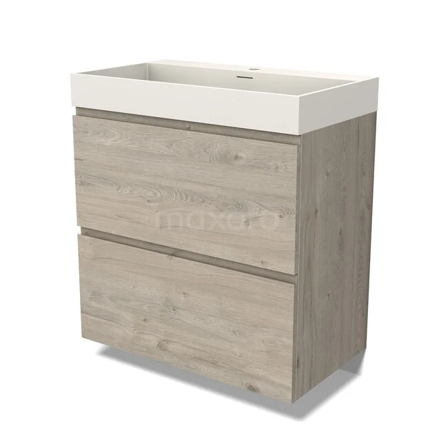 Modulo Badkamermeubel met wastafel | 80 cm Lichtgrijs eiken Greeploos front Solid surface 2 hoge lades onder elkaar BMW13-01634 Badkamermeubel houtlook met lades, licht eiken kleur, inclusief keramische wastafel, modern en strak design.