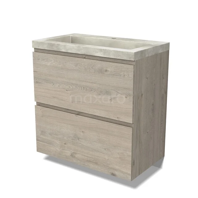 Holz-Badmöbel mit Naturstein-Waschbecken, helle Eiche-Farbe, zwei geräumige Schubladen, modernes Design für moderne Bäder.