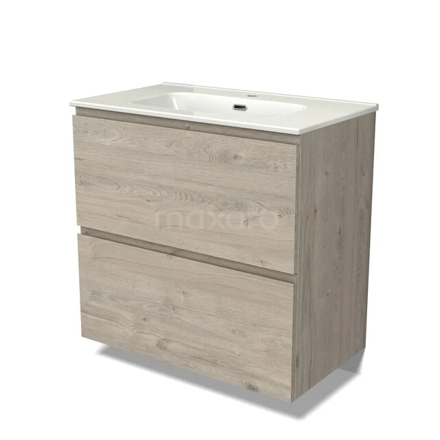 Wooden bathroom furniture with two drawers and a white sink, modern appearance, ideal for spacious bathroom design.