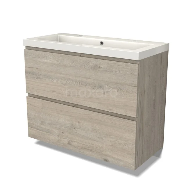Badmöbel mit Waschbecken, Holzoptik, 2 Schubladen, beige Eiche Oberfläche, modernes Design.