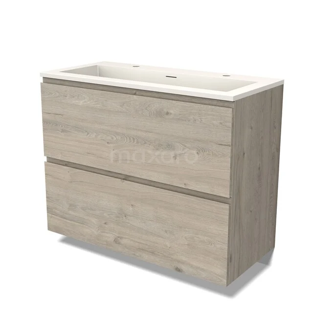 Wooden bathroom furniture with two drawers and integrated white sink, modern design from natural oak wood series.