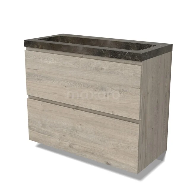 Houten badkamermeubel met twee lades, licht eiken uitstraling en donker marmeren wasblad, modern en stijlvol ontwerp.