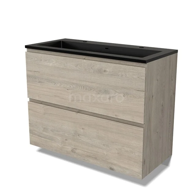 Houten badkamermeubel met zwarte wastafel, twee brede lades en moderne eiken uitstraling, ideaal voor een stijlvolle badkamer.