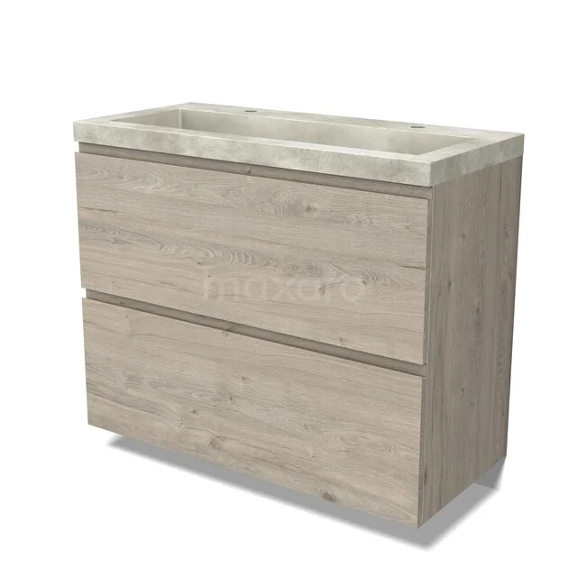 Houten wastafelmeubel licht eiken, met twee lades en natuurstenen blad, geschikt als stijlvolle opbergoplossing voor de badkamer.