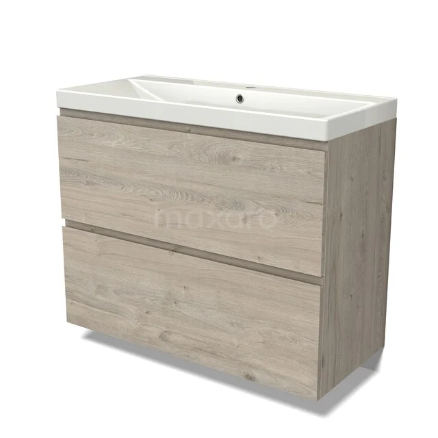Wooden washbasin unit with two drawers, light oak look, ceramic washbasin, ideal for a modern bathroom.