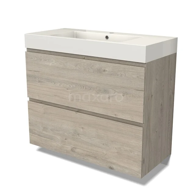 Modulo Bathroom furniture with sink | 100 cm Light grey oak Handle-less front Mineral marble 2 stacked drawers under each other BMW13-01661 Wooden bathroom furniture with sink, light oak design, two handleless drawers, modern and compact for stylish bathrooms.
