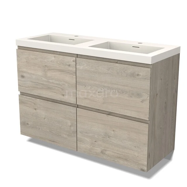 Modulo Badmöbel mit Unterschrank mit Waschbecken BMW14-00803 Holz Badezimmermöbel mit Doppelwaschbecken, hell Eichenholz, klare Formgebung und vier Schubladen für Stauraum.