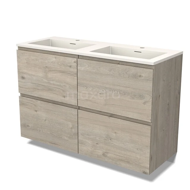 Holz Badezimmermöbel mit Doppelwaschbecken, heller Eichelook, modernes Design, ideal für ein stilvolles und praktisches Badezimmer.