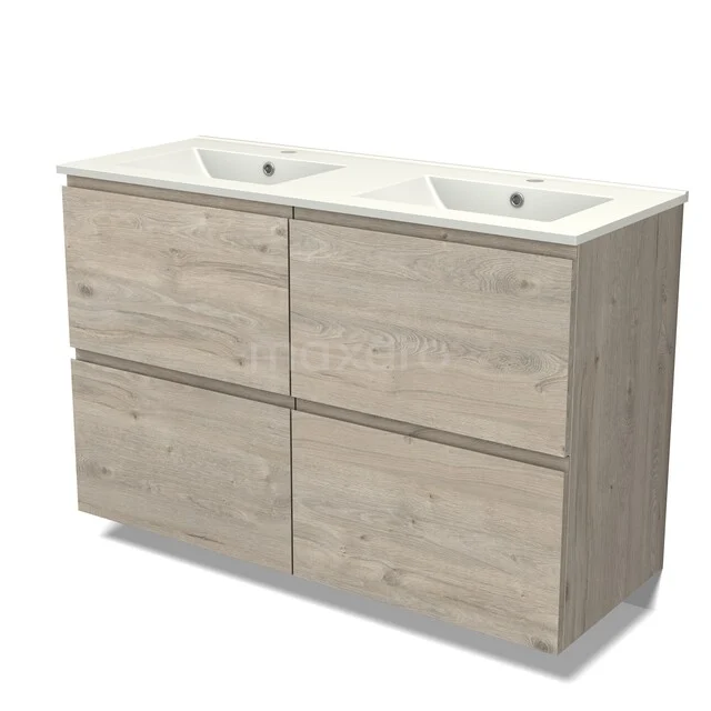 Modulo Vanity units with basin | 120 cm Light grey oak Handle-less front Ceramic 4 high drawers BMW14-00811 Houten badkamermeubel met dubbele wastafel, licht eiken afwerking, moderne uitstraling en ruime opberglades.