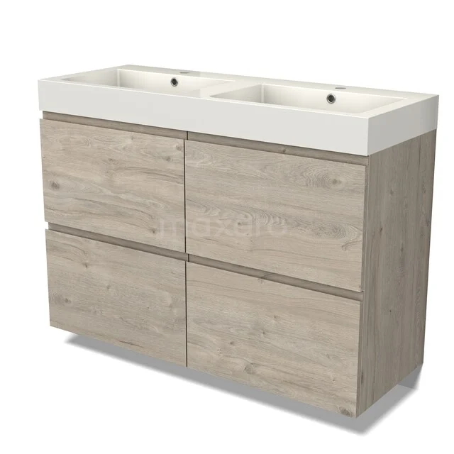 Holz Badezimmermöbel mit Doppelwaschbecken, heller Eiche Optik, modernes Design und vier Schubladen für optimalen Stauraum.