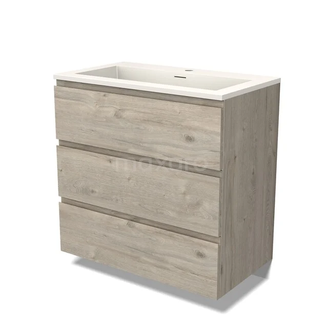 Houten wastafelmeubel met drie lades, licht eiken kleur, inclusief witte keramische wastafel, perfect voor moderne badkamers.