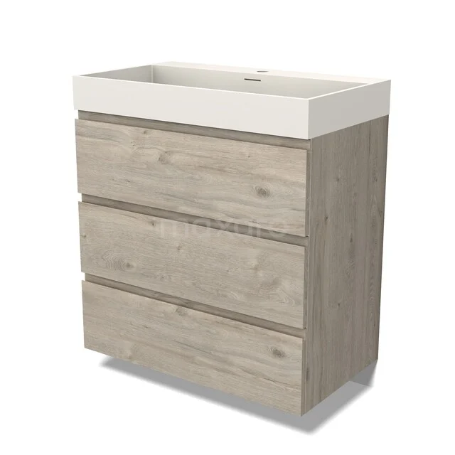 Holz-Badmöbel mit drei Schubladen, hell Eiche Farbe, keramisches Waschbecken, modernes Design, perfekt für moderne Bäder.