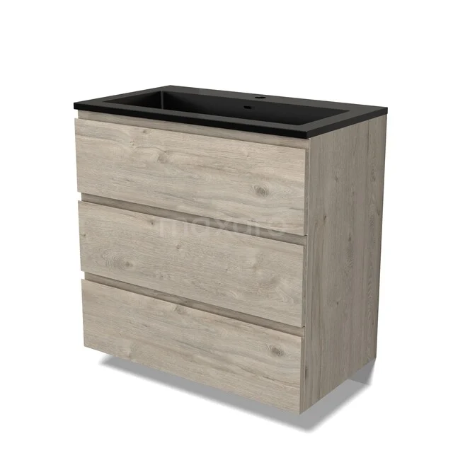 Modulo Badmöbel mit Unterschrank mit Waschbecken BMW19-02992 Holz-Badmöbel mit heller Eiche-Optik, schwarzem Aufsatzwaschbecken und drei geräumigen Schubladen; modernes Design für stilvolle Bäder.