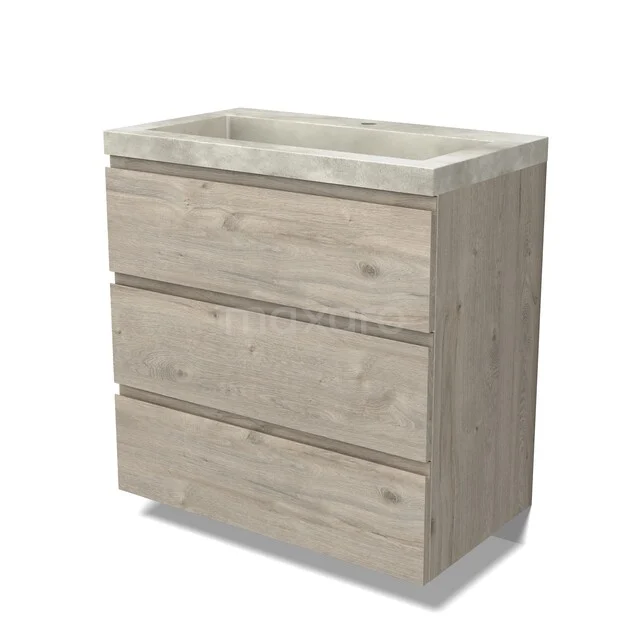 Wooden bathroom furniture with three drawers, light oak look and a natural stone sink, perfect for a modern bathroom.