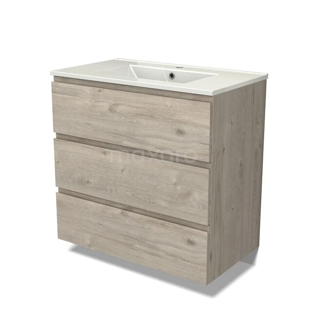 Houten wastafelmeubel met drie lades, licht eiken afwerking, inclusief witte keramische wastafel. Perfect voor moderne badkamers.