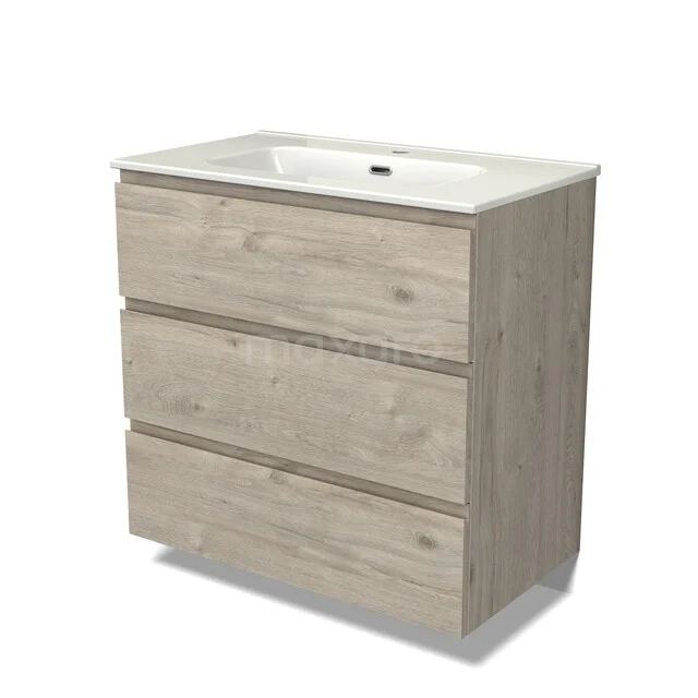 Wooden bathroom furniture with sink, light oak look, three drawers and modern design, ideal for a stylish bathroom decor.