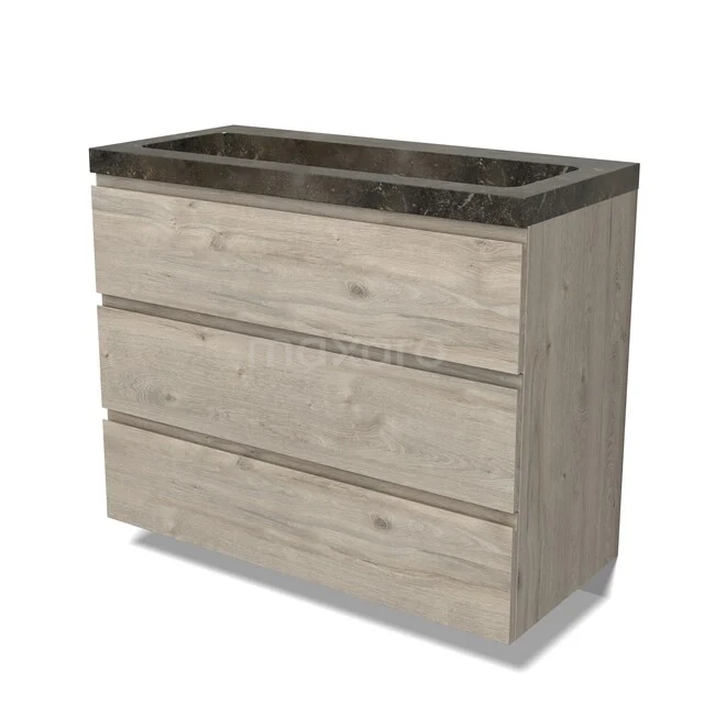 Wooden bathroom furniture with three drawers and a dark marble sink top, ideal for stylish bathroom storage.