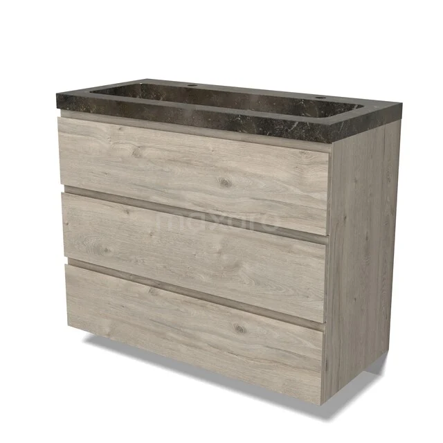 Wooden bathroom furniture with three drawers and a black marble sink top, modern design for a stylish bathroom.