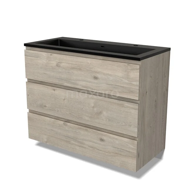 Wooden bathroom cabinet with black sink, modern design, three drawers, ideal for storage in a stylish bathroom.