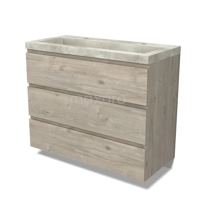Wooden bathroom furniture with three drawers in light oak look, including concrete washbasin top, ideal for modern bathrooms.