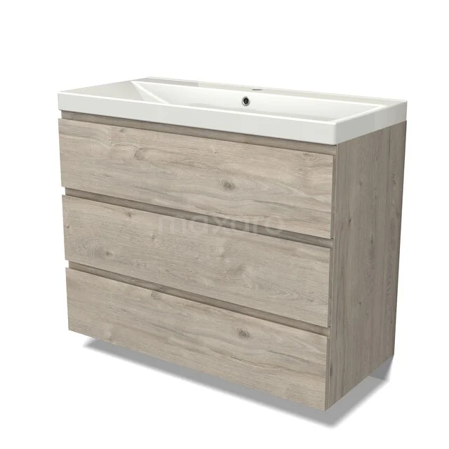 Holz-Waschtisch mit drei Schubladen, heller Eiche-Oberfläche, einschließlich weißem Keramik-Waschbecken, perfekt für moderne Bäder.