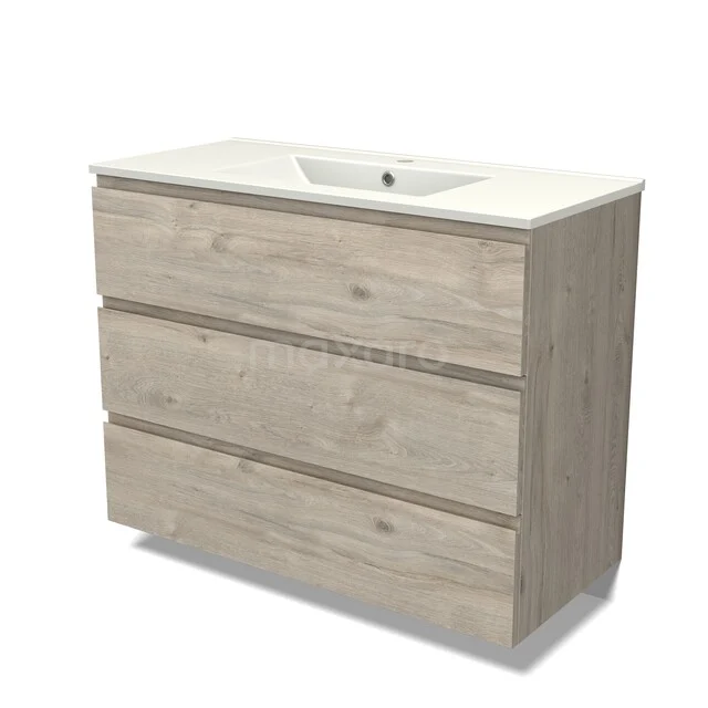 Houten badkamermeubel met licht eiken afwerking, drie lades en geïntegreerde wastafel van keramiek.