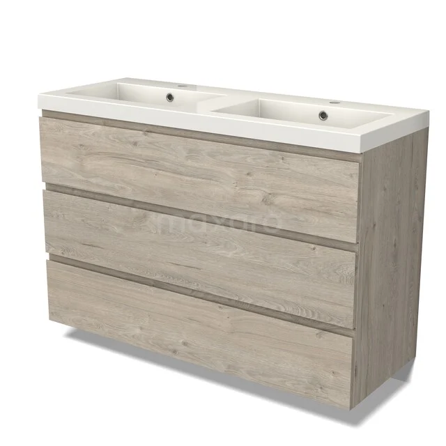 Holz-Waschtisch mit 2 Waschbecken, einschließlich 3 Schubladen für Stauraum; ideal für eine moderne Badezimmer Einrichtung.