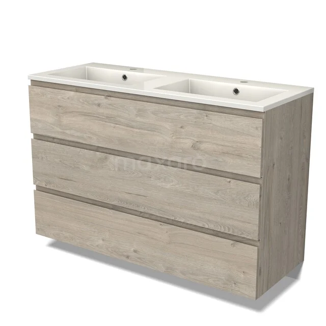 Holz Badezimmermöbel mit Doppelwaschbecken, helle Eiche Farbe, moderne Ausstrahlung, ideal für ein stilvolles Badezimmer.