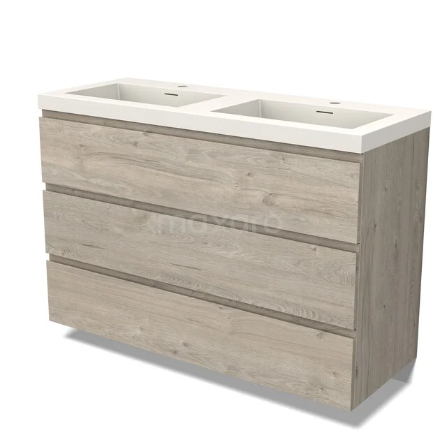 Wooden bathroom furniture with double sink, light oak colour, sleek lines, ideal for modern bathroom decor.