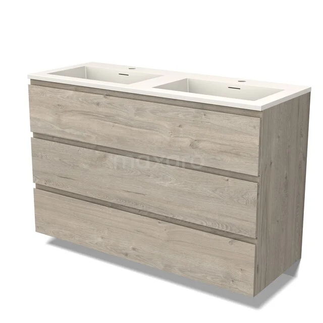 Houten badkamermeubel met dubbele wastafel, lichte eikenlook, strakke vormgeving en drie ruime lades.