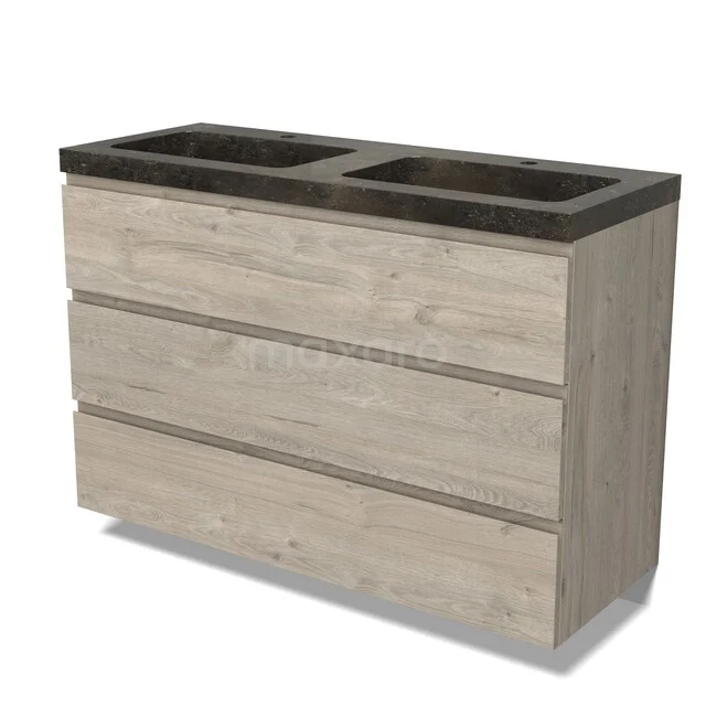 Modulo Badmöbel mit Unterschrank mit Waschbecken BMW19-03028 Holz Badezimmermöbel mit drei Schubladen und doppeltem dunklem Waschbecken, modernes Design, ideal für ein stilvolles Badezimmer.