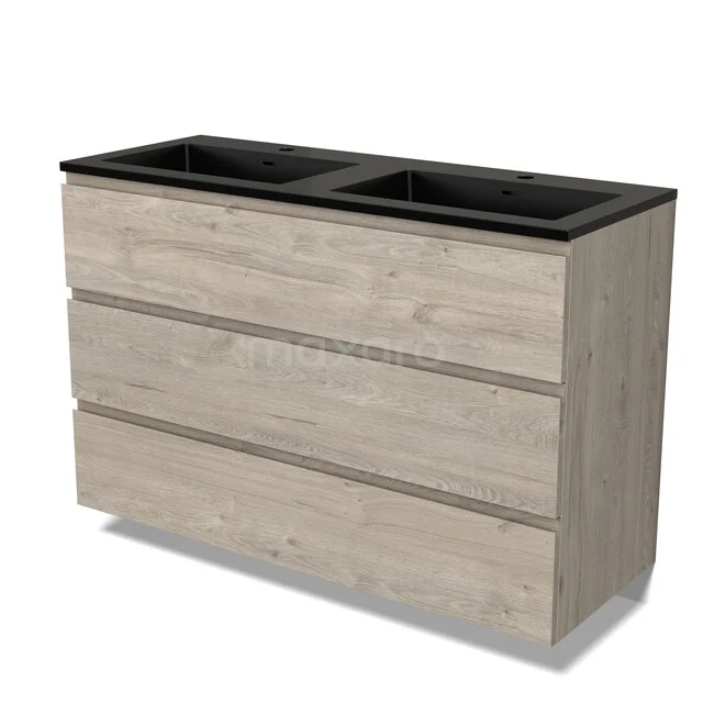 Wooden bathroom furniture with two black sinks, modern appearance, ideal for a stylish and functional bathroom.