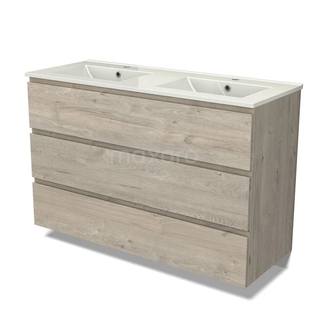 Modulo Vanity units with basin | 120 cm Light grey oak Handle-less front Ceramic 3 drawers BMW19-03032 Houten badkamermeubel met dubbele wastafel, moderne uitstraling en ruime opberglades, ideaal voor stijlvolle badkamers.