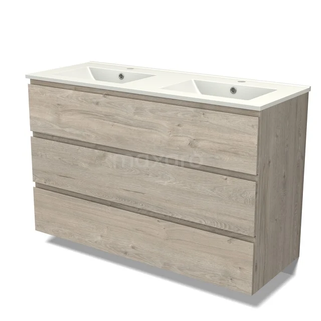 Modulo Vanity units with basin | 120 cm Light grey oak Handle-less front Ceramic 3 drawers BMW19-03033 Houten badkamermeubel met dubbele witte wastafel, moderne uitstraling, licht eiken kleur, 3-laden ontwerp.