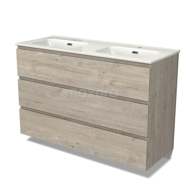 Modulo Vanity units with basin | 120 cm Light grey oak Handle-less front Ceramic 3 drawers BMW19-03035 Houten badkamermeubel met dubbele wastafel, licht eiken kleur, drie brede lades, ideaal voor moderne badkameropslag.