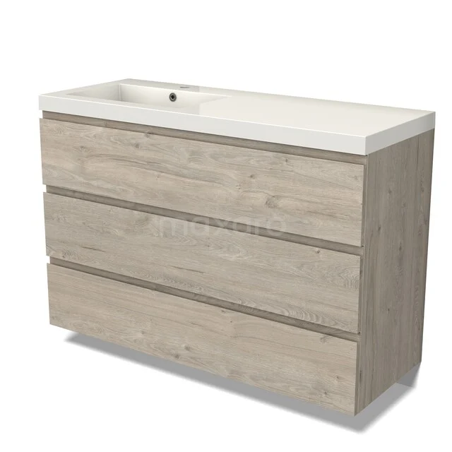 Modulo Waschtische | 120 cm Hellgraue Eiche Grifflos front Mineralguss 3 Schubladen BMW19-03037 Holz-Badmöbel mit Waschbecken, helle Eichefarbe, drei grifflose Schubladen, modernes Design für stilvolle Badezimmergestaltung.