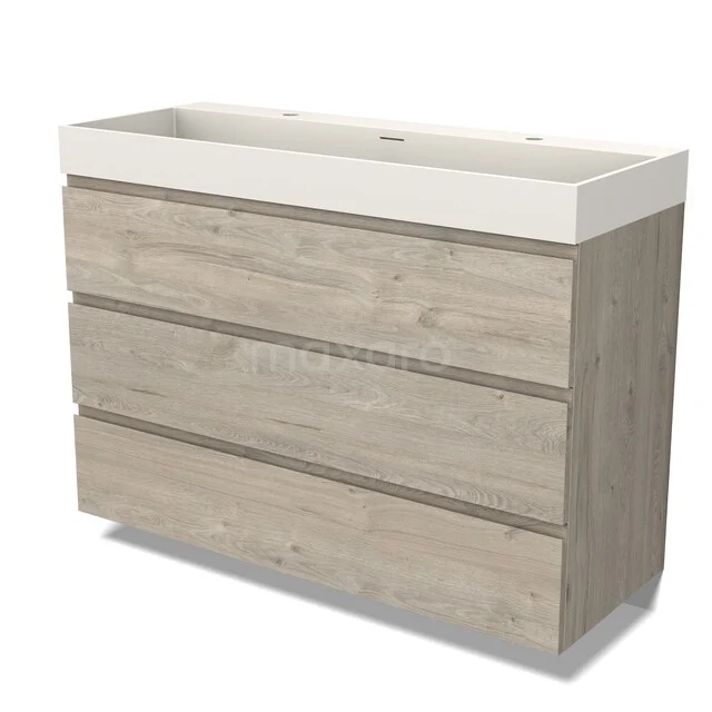 Holz Badmöbel Eichenfarbe mit drei Schubladen und weißer Waschtischplatte, perfekt für eine moderne Badezimmer Einrichtung.