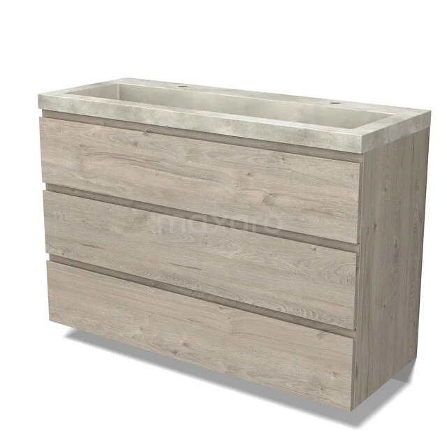 Houten badkamermeubel met licht eiken afwerking, drie lades en een ingebouwde wastafel in modern design.