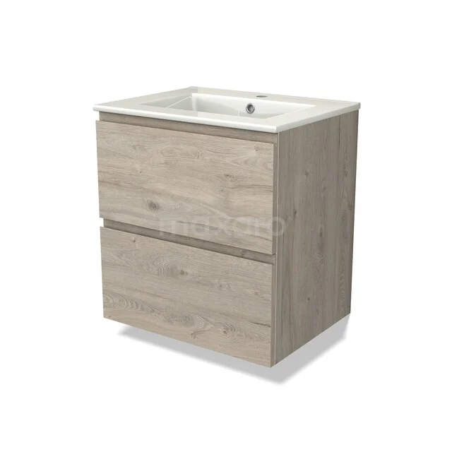 Wooden bathroom furniture with two drawers in light oak, including a white ceramic sink, modern and compact design.
