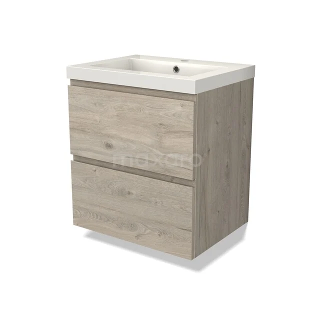 Badkamermeubel houtlook met twee lades en witte keramische wasbak, compact ontwerp ideaal voor een moderne badkamer.