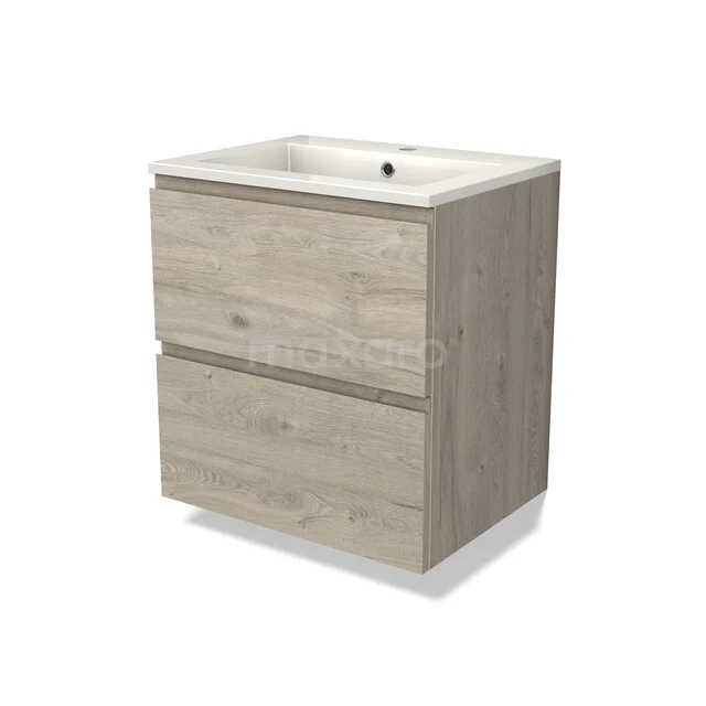 Wooden bathroom furniture with two drawers and a white ceramic sink, compact design ideal for modern bathrooms.