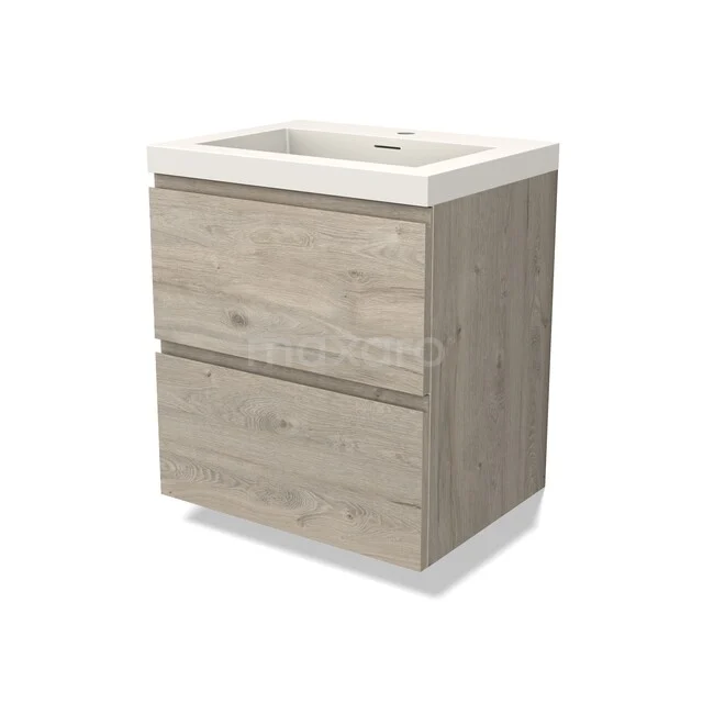 Badkamermeubel houtlook met twee lades en keramische wastafel, compact ontwerp, ideaal voor moderne badkamers.