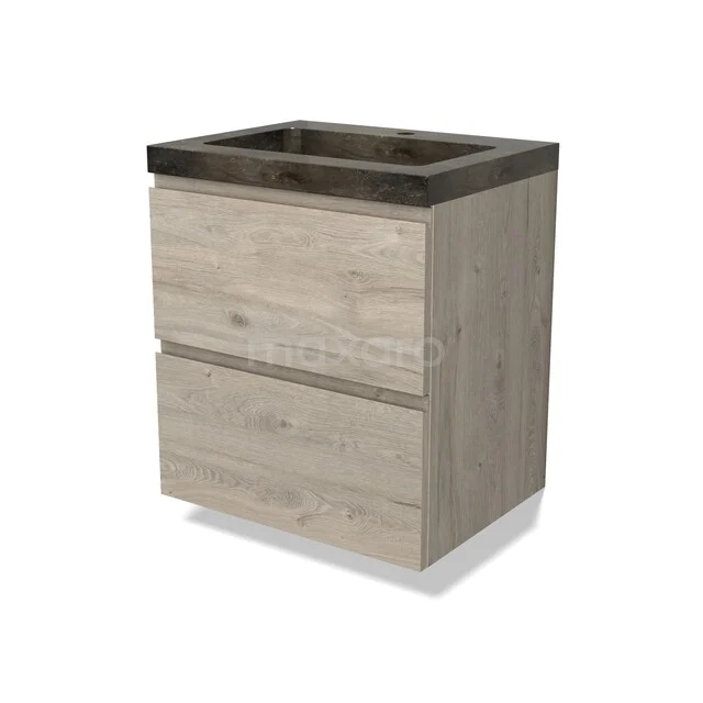 Wooden bathroom furniture with two drawers, oak look, dark natural stone sink top, compact design for small bathrooms.