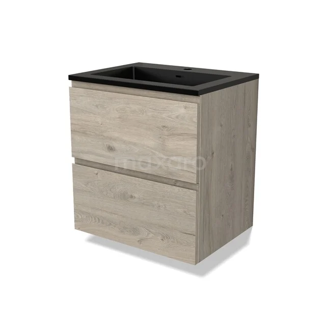 Wooden bathroom furniture with two drawers, black sink top, modern design, perfect for a stylish and practical bathroom.