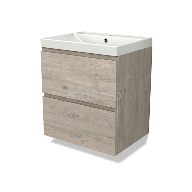 Houten badkamermeubel met twee lades en een witte keramische wastafel, moderne stijl voor compacte badkamers.