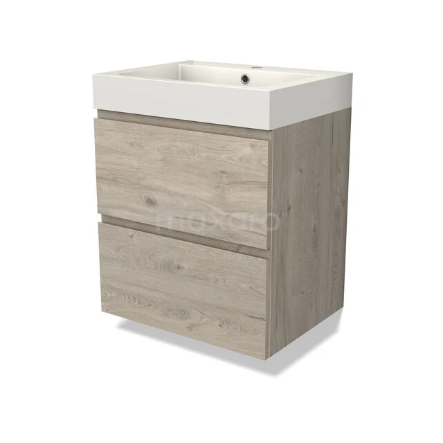 Wooden bathroom unit with sink, two drawers in light oak colour, modern design, ideal for compact bathrooms.