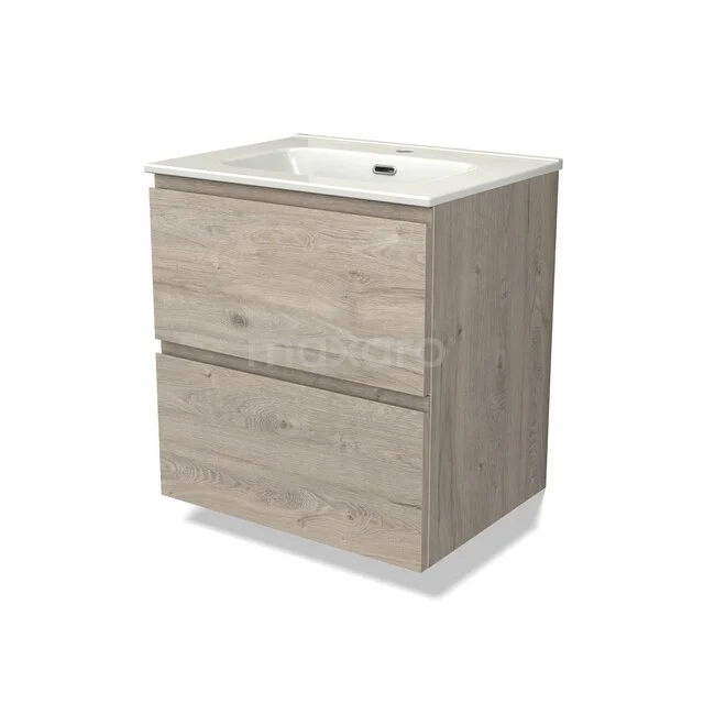 Wooden bathroom furniture with two drawers in oak look, including integrated white sink, ideal for modern bathroom decor.