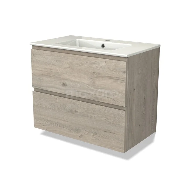 Modulo Bathroom furniture with sink | 80 cm Light grey oak Handle-less front Ceramic 2 Stacked drawers BMW17-05507 Wooden bathroom furniture with rustic drawer panels, natural oak finish and white sink, ideal storage space.